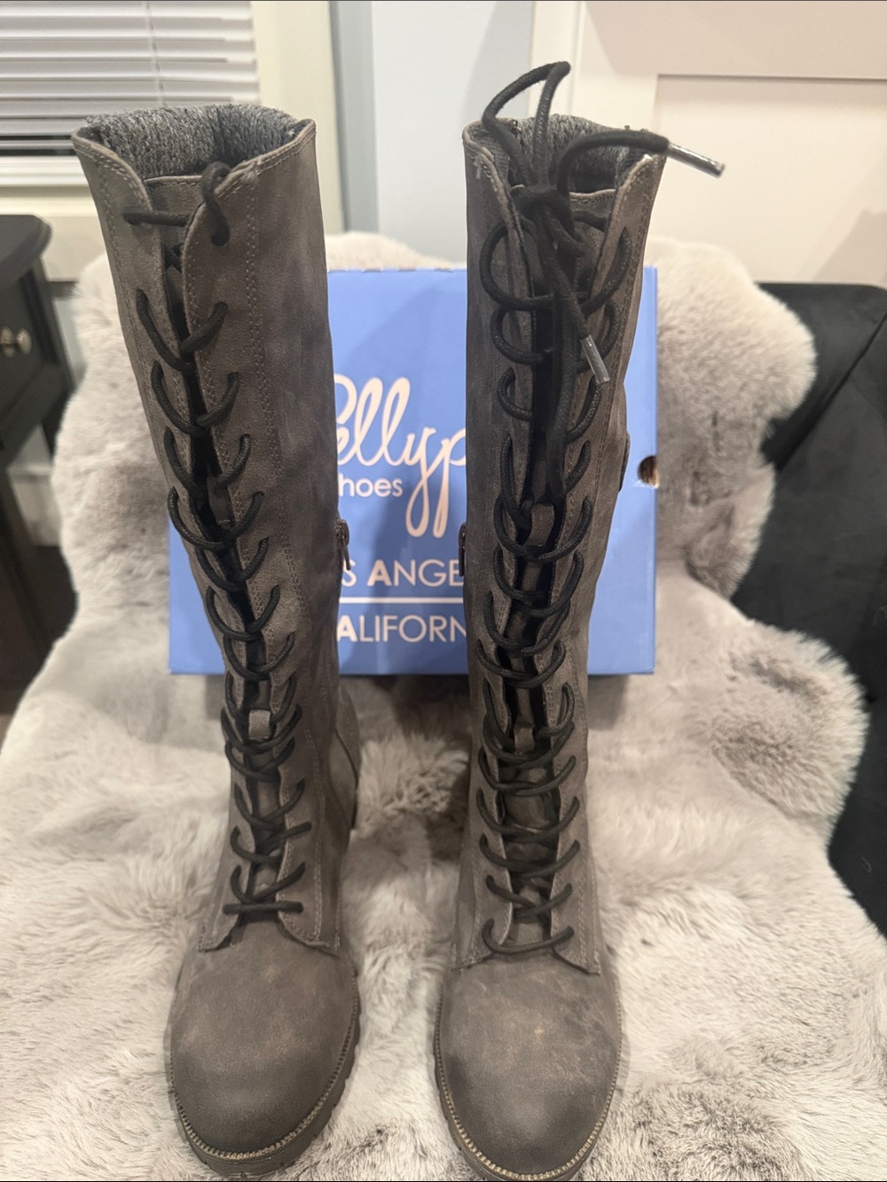 NWT Jellypop Tomi Charcoal Lace Up Riding Boots Gray Faux Suede Tall Flat Shoes - Picture 4 of 9